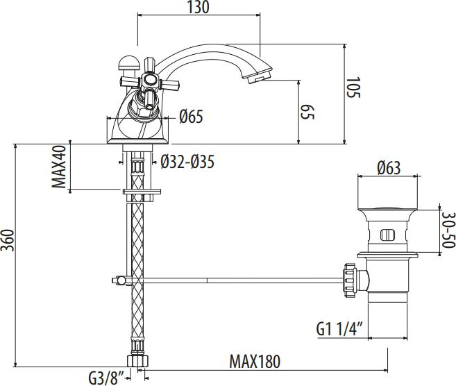 Смеситель для раковины Gattoni TRD TR310/18D0 с донным клапаном золото