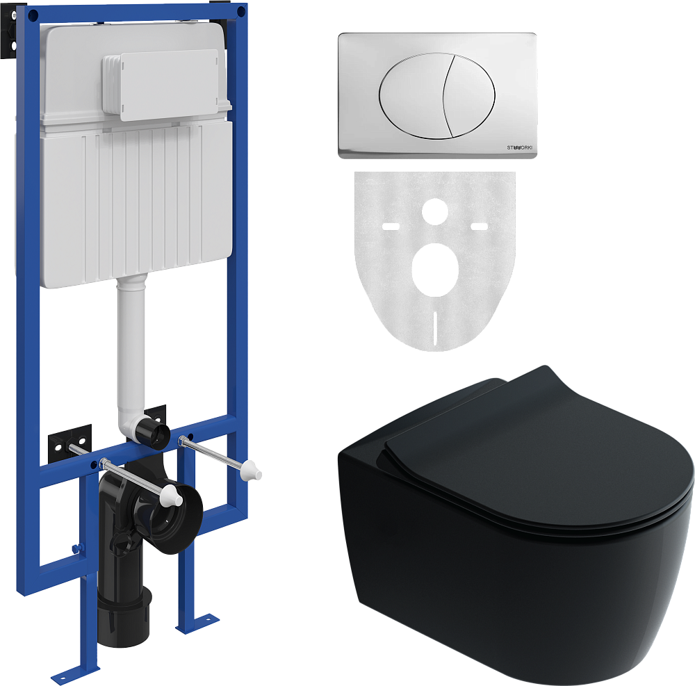 Комплект Унитаз подвесной STWORKI Ноттвиль SETK3104-2616 безободковый, с микролифтом, черный + Инсталляция + Кнопка 230822 хром глянцевый