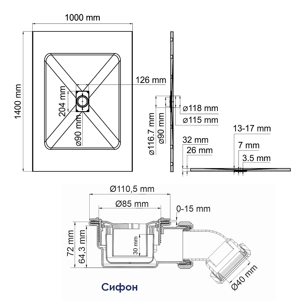 Душевой поддон WasserKRAFT Main 41T37 140х100