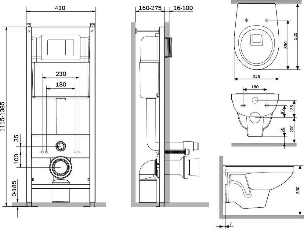 Комплект унитаза с инсталляцией Damixa Jupiter DX77.IS10151.1738 с сиденьем микролифт и клавишей смыва хром глянец