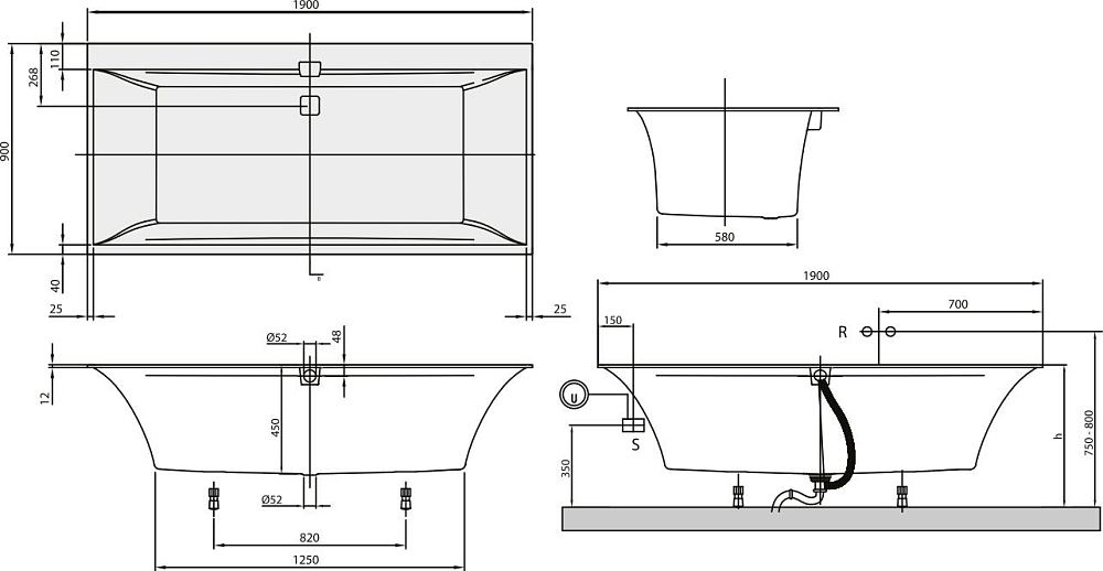 Акриловая ванна Villeroy & Boch Squaro Edge 12 190х90 UBQ190SQE2DV-01 alpin