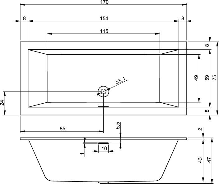 Акриловая ванна Riho Rething Cubic 170x75 R B105022005, заполнение через перелив