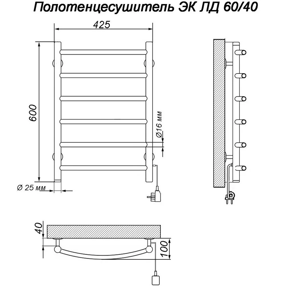 Полотенцесушитель электрический Ника ЛД 60/40 каб прав хром