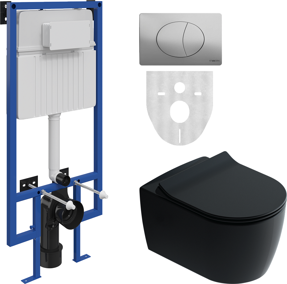 Комплект Унитаз подвесной STWORKI Ноттвиль SETK3104-2616 безободковый, с микролифтом, черный + Инсталляция + Кнопка 230823 хром матовый