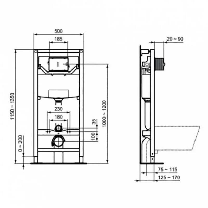 Инсталляция Ideal Standard R0309AA для подвесного унитаза R027767 PROSYS 120 P с пневматической клавишей