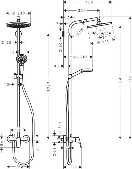 Душевая стойка Hansgrohe Crometta S 240 1jet Showerpipe EcoSmart 27269000 9 л, хром