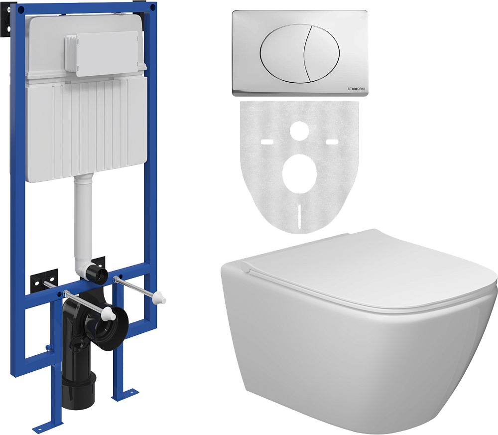 Комплект Унитаз подвесной STWORKI Карлстад 5610 безободковый + Крышка Lento 0405 с микролифтом + Инсталляция + Кнопка 230822 хром глянцевый