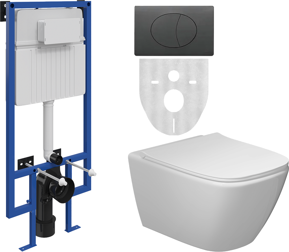 Комплект Унитаз подвесной STWORKI Карлстад 5610 безободковый + Крышка Lento 0405 с микролифтом + Инсталляция + Кнопка 230858 черный матовый
