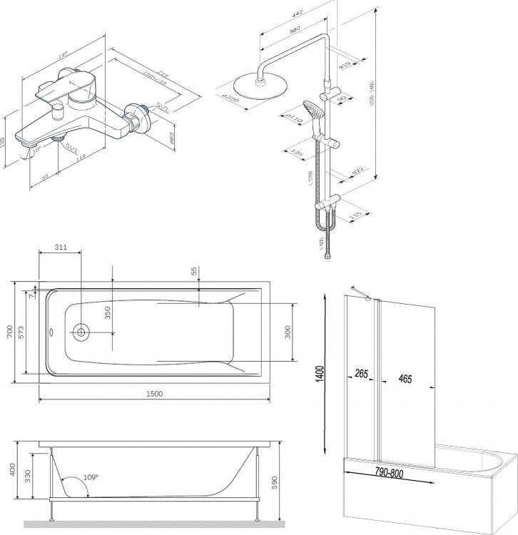 Акриловая ванна Am.Pm Gem 150x70 W90ASET-150D3W5 с каркасом, шторкой и душевой системой со смесителем, белый