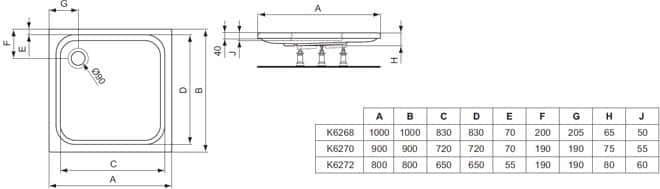 Поддон для душа 80x80 см Ideal Standard HotLine K627201 слив 90 мм, белый