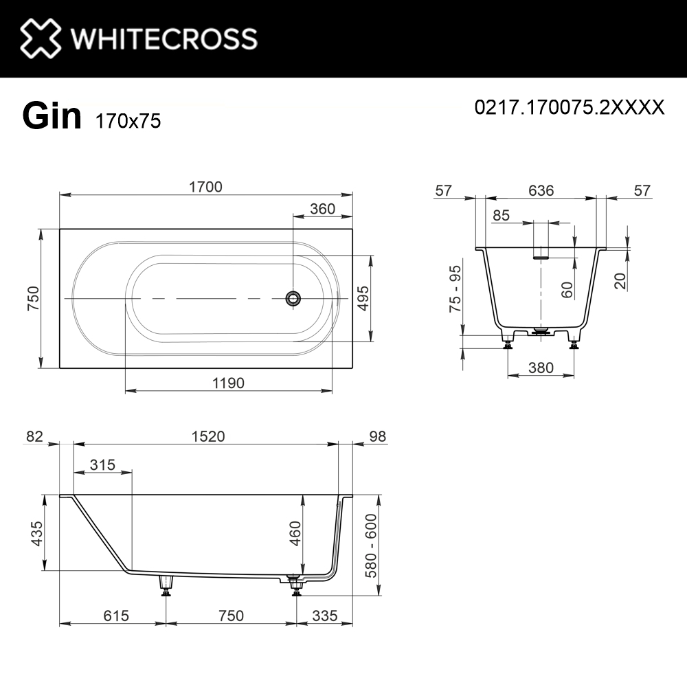 Ванна из искуственного камня Whitecross Gin 170x75 0217.170075.2XXXX белый матовый