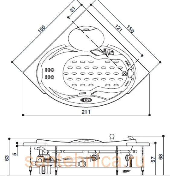 Акриловая ванна Jacuzzi Celtia 150х150 9443-141+9423-6180 белый