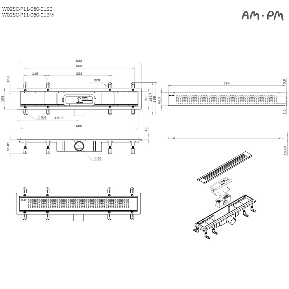 Душевой трап AM.PM PrimeFlow W02SC-P11-060-01BM черный матовый