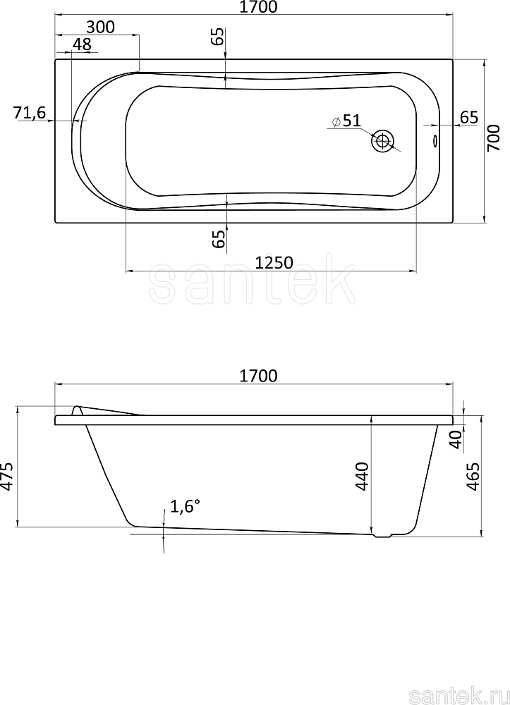 Акриловая ванна Santek Tenerife 170x70 1WH302207