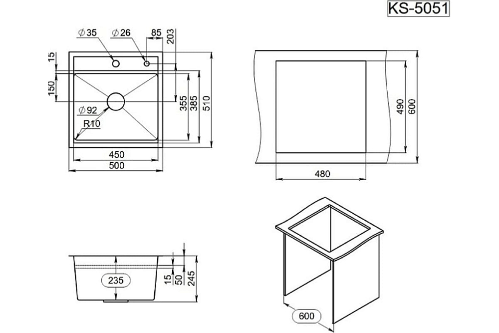 Мойка кухонная Granula Kitchen Space 5051, ГРАФИТ МАТОВЫЙ