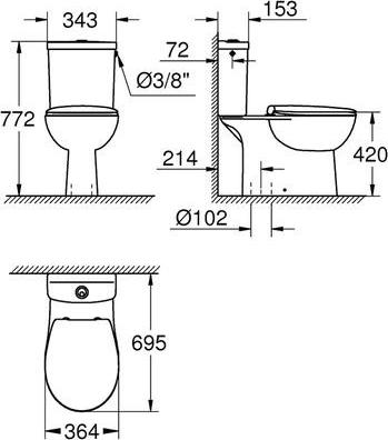 Унитаз-компакт Grohe Bau Ceramic 39429000 с бачком 39437000 подвод сбоку бачка безободковый