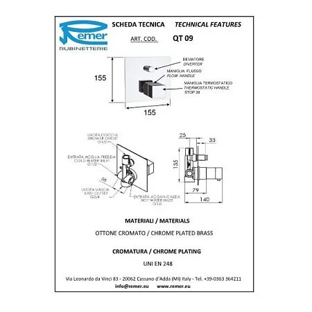 Смеситель для ванны с душем Remer Q-Elegance QT09 хром