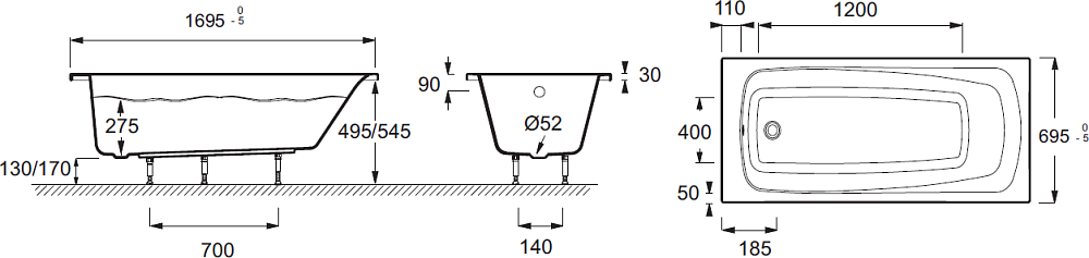 Акриловая ванна Jacob Delafon Patio 170х70 E6812-00, белый