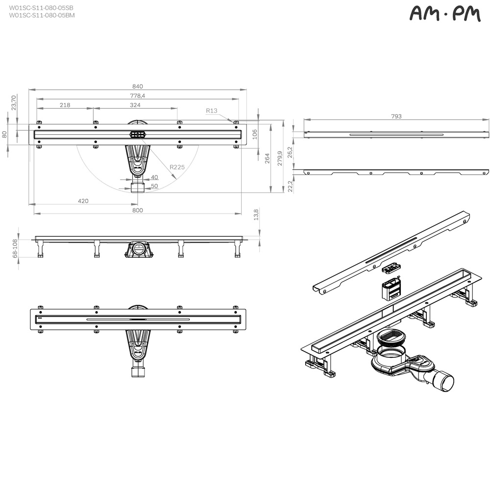 Душевой трап AM.PM MasterFlow 80 W01SC-S11-080-05SB хром