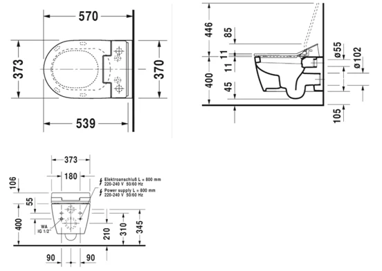 Подвесной унитаз Duravit Me by Starck 2528590000 Rimless с крышкой-сиденьем SensoWashSlim 611000002000300 Soft close, с функцией биде