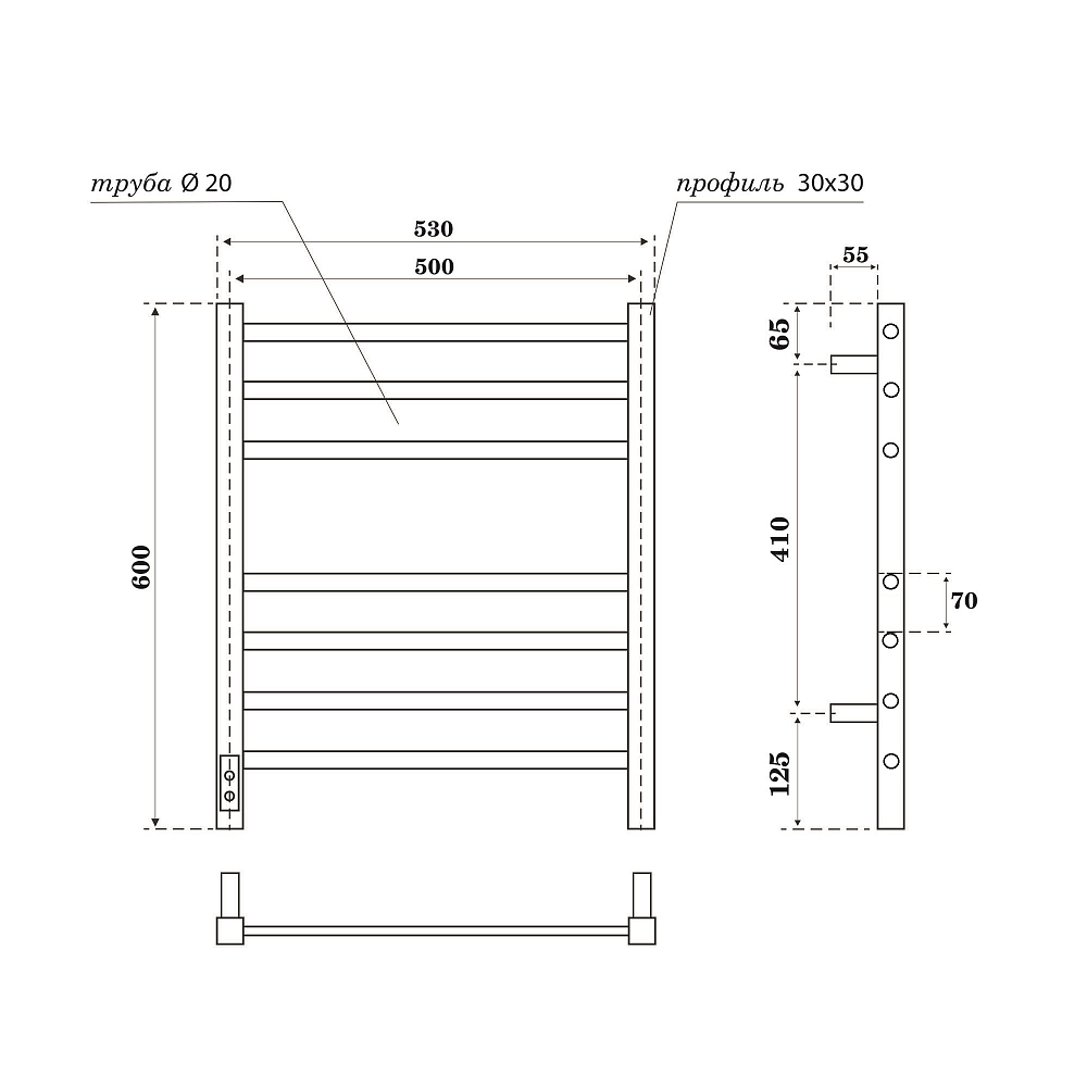 Полотенцесушитель электрический Point Веста PN70756GR П7 500x600, диммер слева, графит премиум