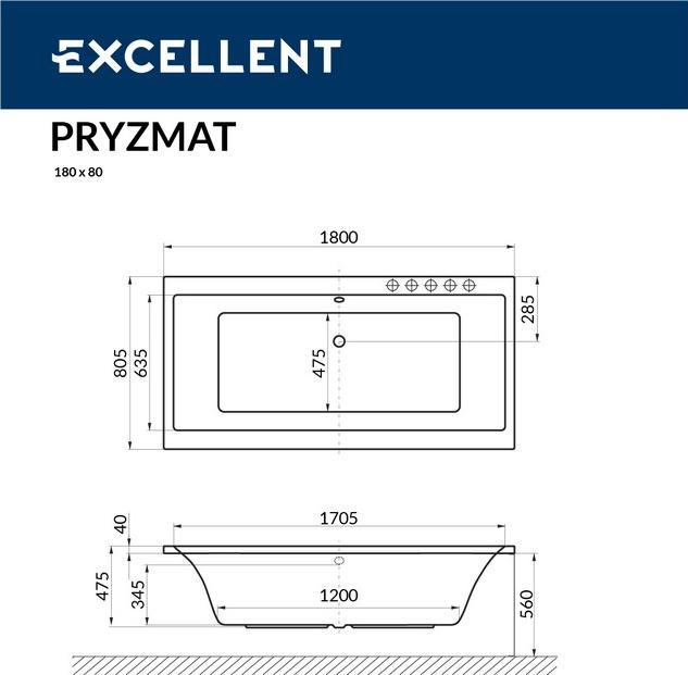 Акриловая ванна Excellent Pryzmat Nano 180x80 WAEX.PRY18.NANO.CR, белый/хром