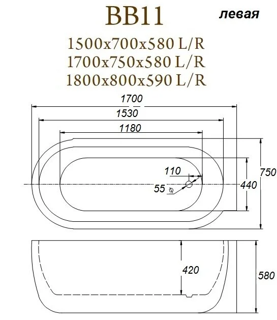 Акриловая ванна BelBagno 150х70 BB11-1500-L белый