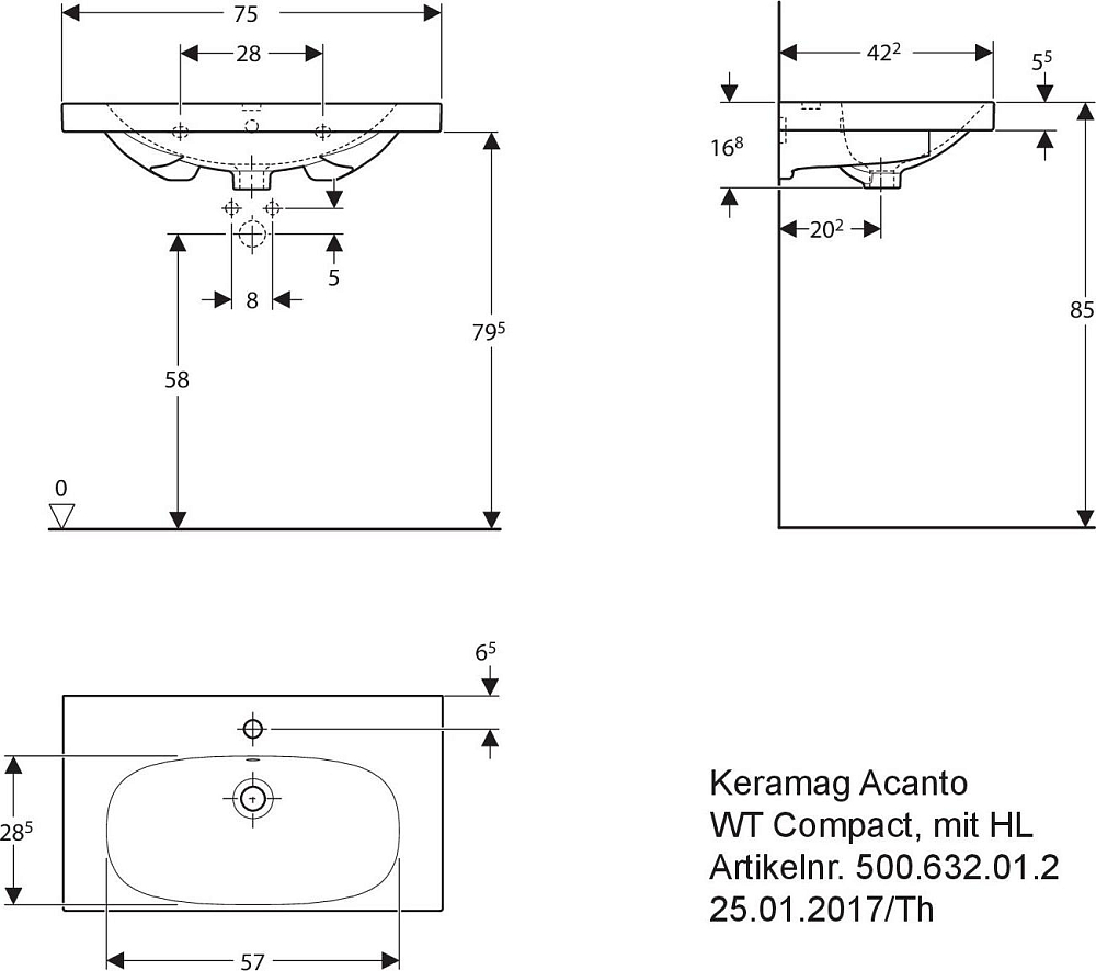 Раковина 75 см Geberit (Keramag) Acanto Compact 500.632.01.8, белый