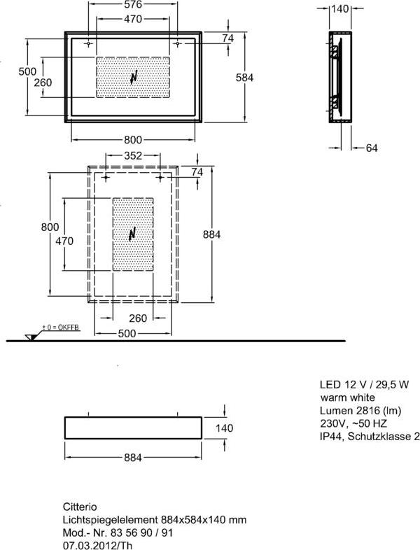 Зеркало с подсветкой 90 см Geberit Citterio 500.572.JI.1, бежевый дуб