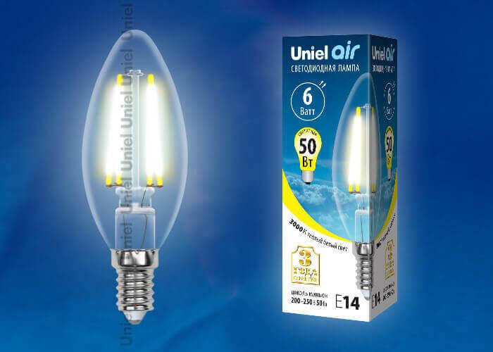 Лампа светодиодная филаментная Uniel E14 6W 3000K прозрачная LED-C35-6W/WW/E14/CL GLA01TR UL-00002196