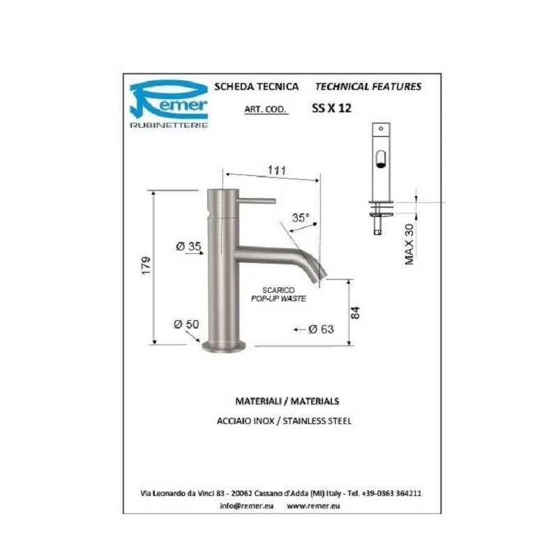 Смеситель для раковины Remer X Style Inox SSX12 серый