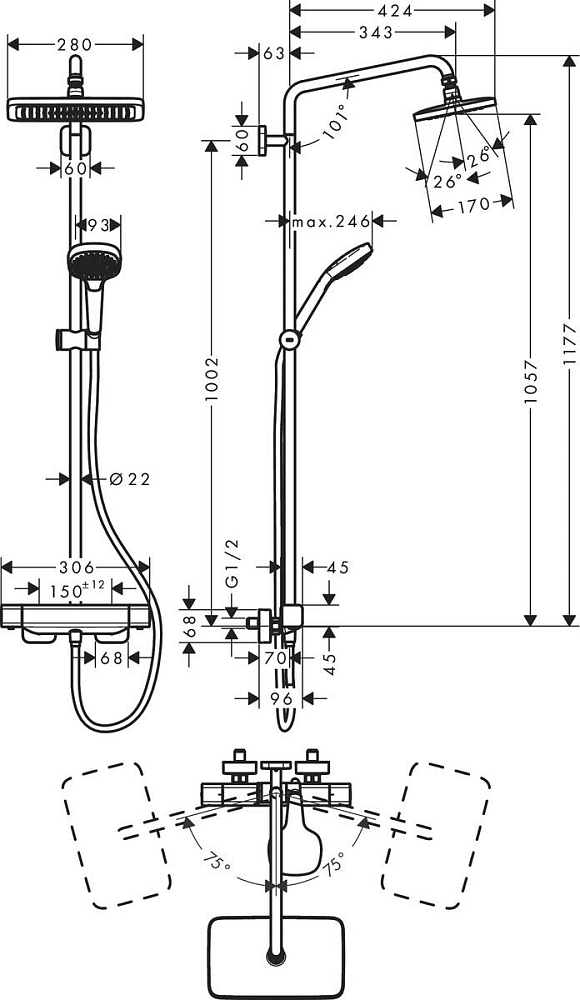 Душевая стойка Hansgrohe Croma E Showerpipe 280 1jet 27630000, хром