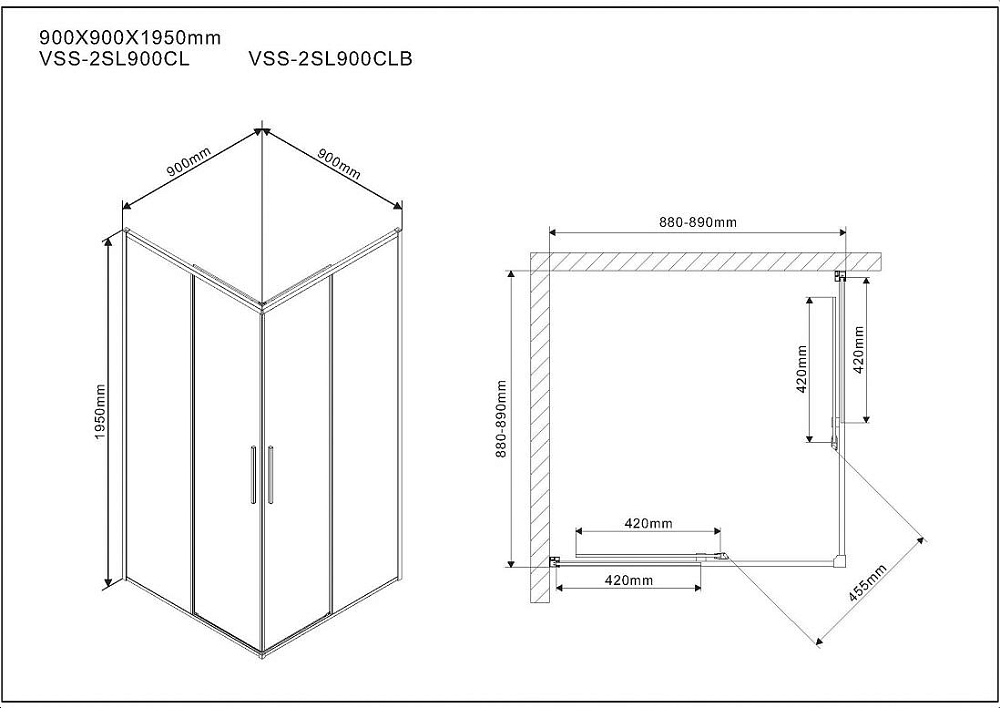 Душевой уголок Vincea Slim VSS-2SL900CLB, стекло прозрачное, хром