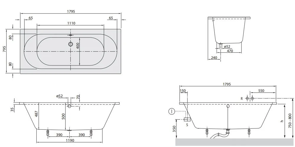 Акриловая ванна Villeroy & Boch O.Novo UBA180CAS2V-01+U99740000 белый