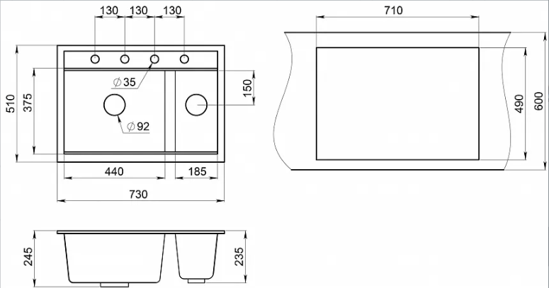 Мойка кухонная Granula Kitchen Space 7302, ЧЁРНЫЙ черный