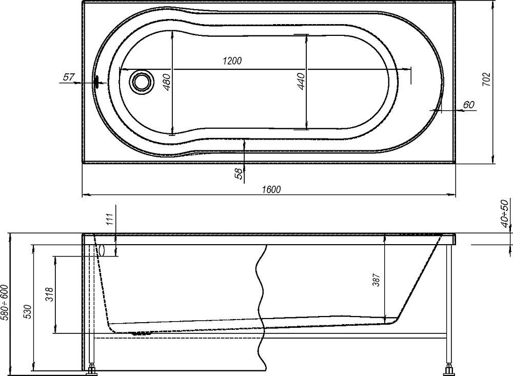 Акриловая ванна STWORKI Хельсинки 160x70 см, с каркасом