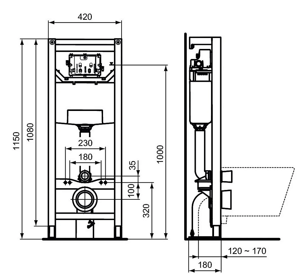 Инсталляция Ideal Standard Prosys R009667 120 P для подвесного унитаза с пневматическим управлением