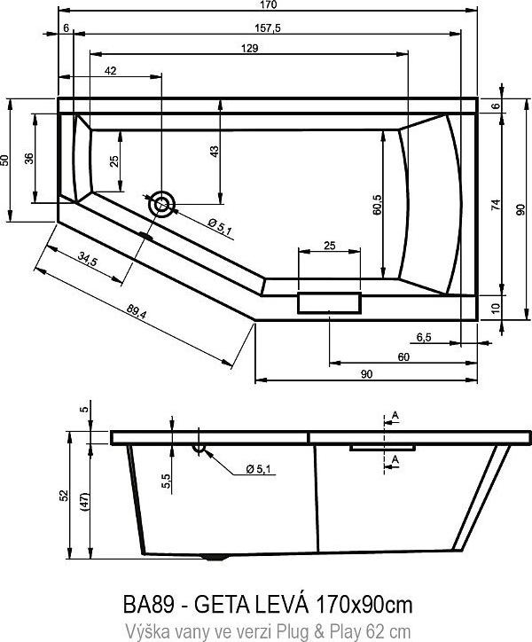 Акриловая ванна Riho Geta 170x90 L B032010005 без гидромассажа