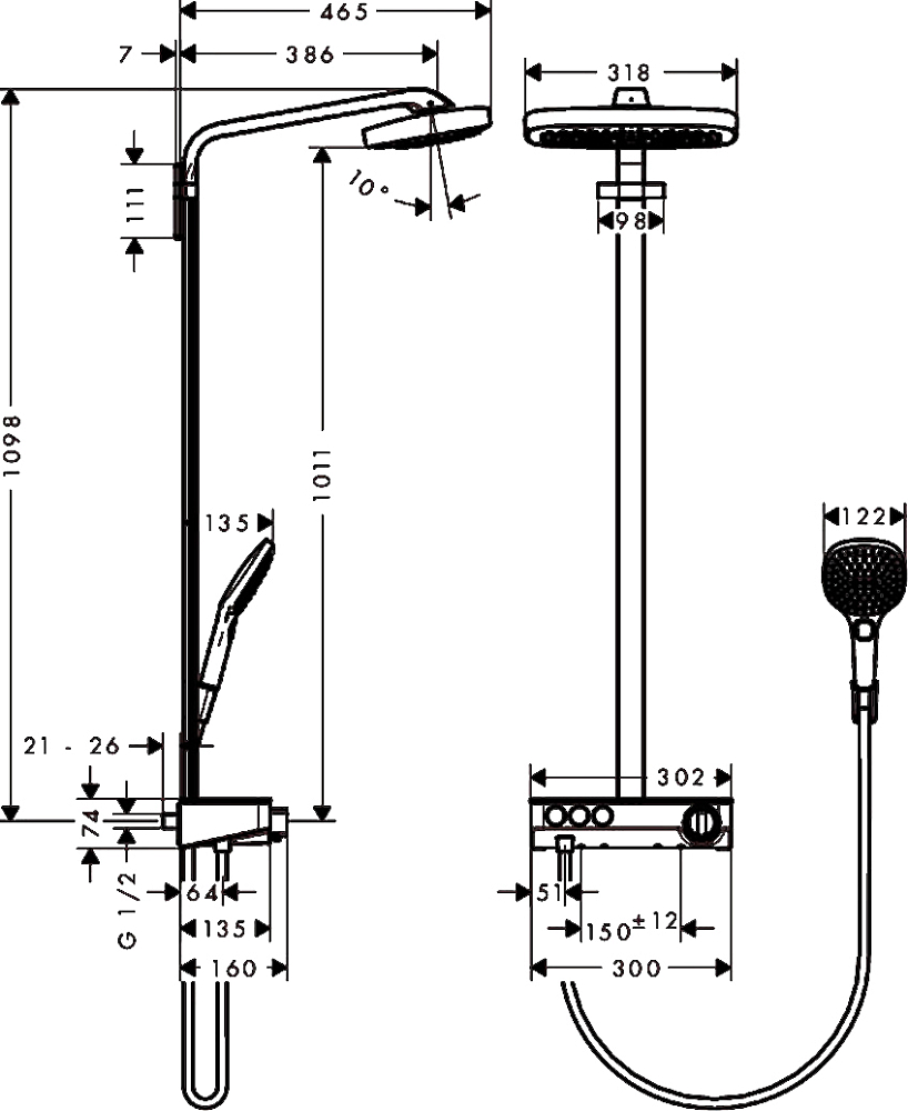 Душевая стойка Hansgrohe Raindance Select E 300 3jet 27127000 Showerpipe, хром