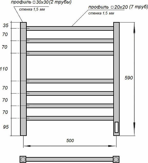 Полотенцесушитель электрический Point PN71856B П7 500x600, диммер справа, черный