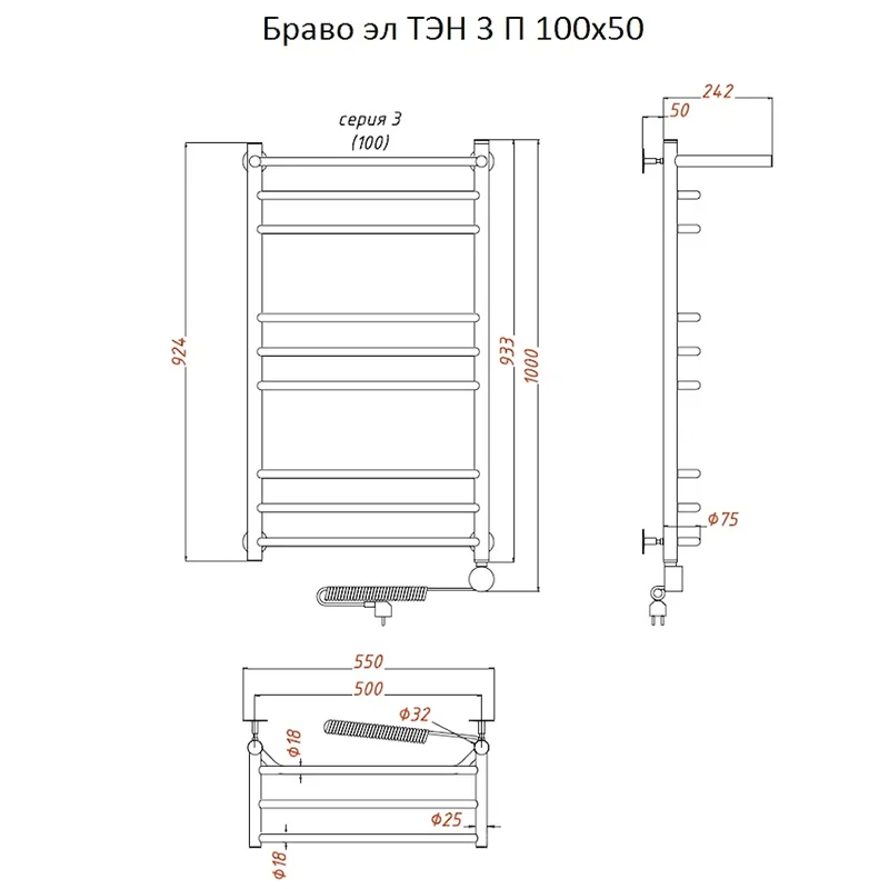 Полотенцесушитель электрический Тругор Браво серия 3 Браво3/элТЭН10050П хром