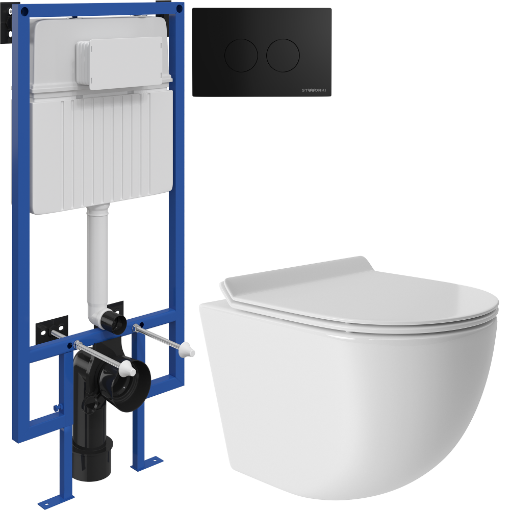 Комплект Унитаз подвесной Aqueduto Ovo Tornado OVOT0110 безободковый, с микролифтом, белый глянцевый + Инсталляция STWORKI + Кнопка Хельсинки 500471 черная матовая