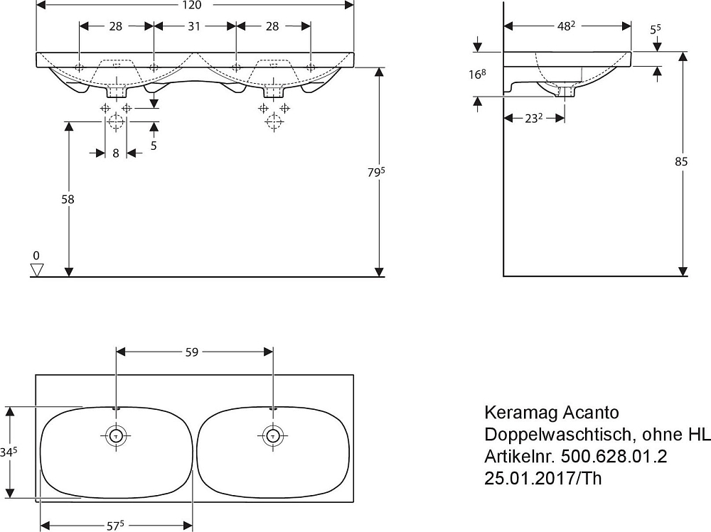 Раковина 120 см Geberit (Keramag) Acanto 500.628.01.8, белый