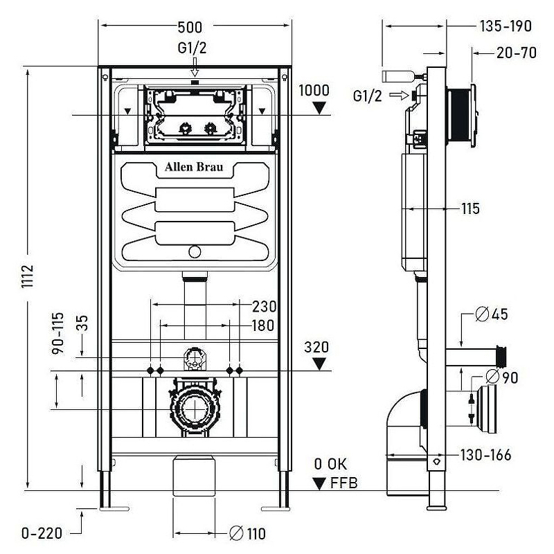 Инсталляция Allen Brau Pneumatic 9.11100.20 для унитаза без клавиши смыва