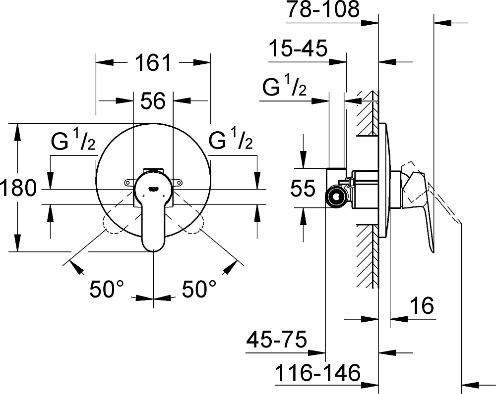 Смеситель Grohe BauEdge 29078000 с внутренней частью для душа