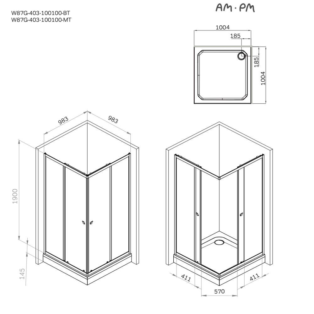 Душевой уголок Am.Pm Sunny W87G-403-100100-BT профиль черный матовый, стекло прозрачное