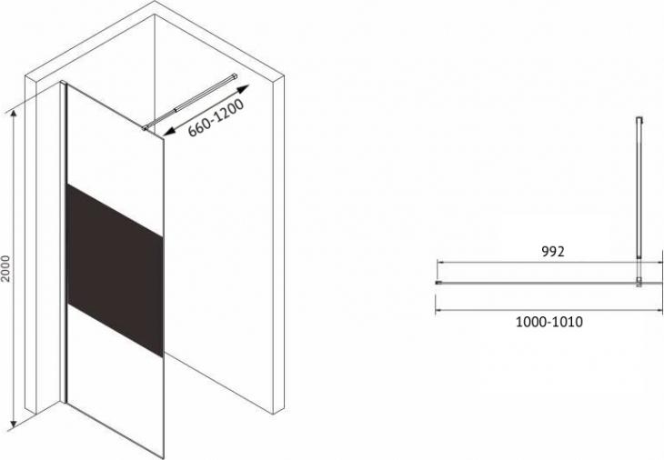 Душевая перегородка Abber Immer Offen 100 см AG69100BT, профиль черный, стекло прозрачное с тонированной полосой