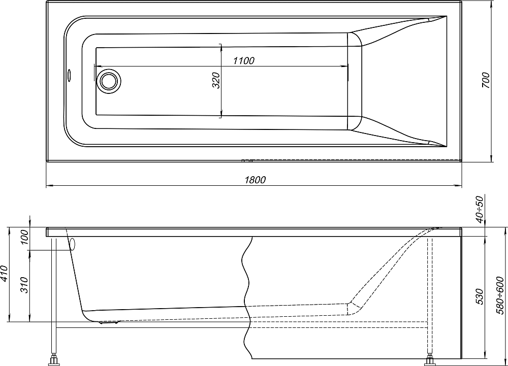 Комплект Акриловая ванна STWORKI Стокгольм 180x70 см, с каркасом + Шторка Нюборг раздвижная 100х145, профиль черный матовый, тонированное стекло