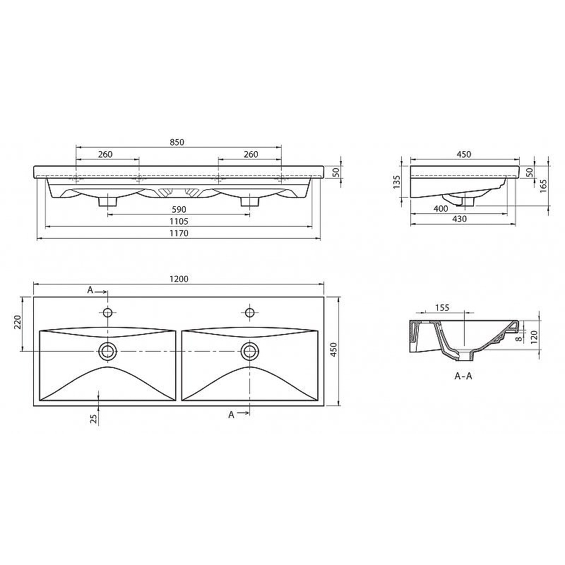 Раковина BelBagno BB-0325-120-2-LVB 120 см двойная, белый