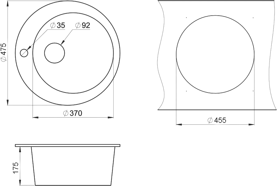 Мойка кухонная Domaci Солерно DMQ-1475.C морион, черная, 37х37 см, круглая, кварцевая, встраиваемая